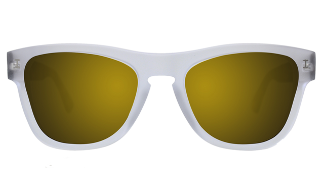 Hallandale Sunglasses Side Profile in Matte Clear/ Havana with Gold Mirror