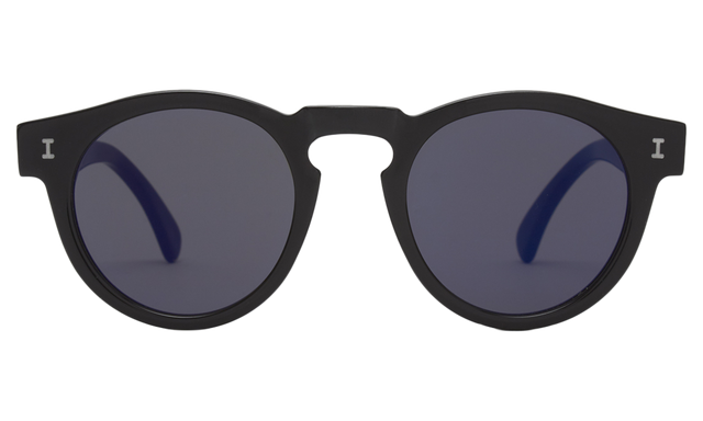 Leonard (Flex Hinge) Sunglasses Side Profile in Black Midnight Blue Flat Mirror