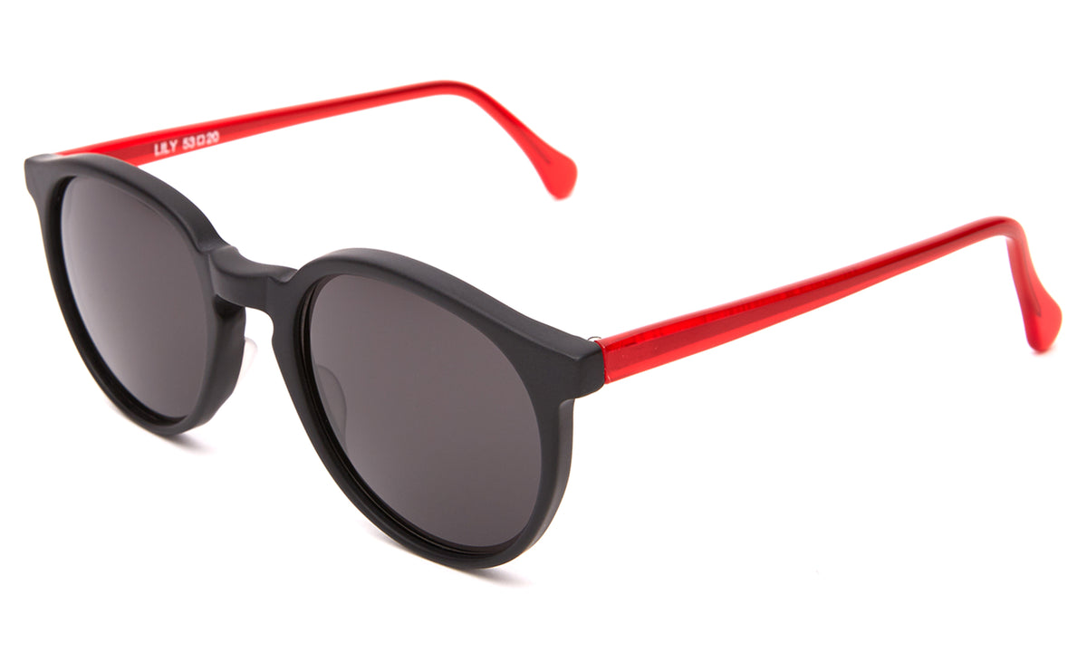 Lily Sunglasses in Matte Black with Red Grey lenses, side view