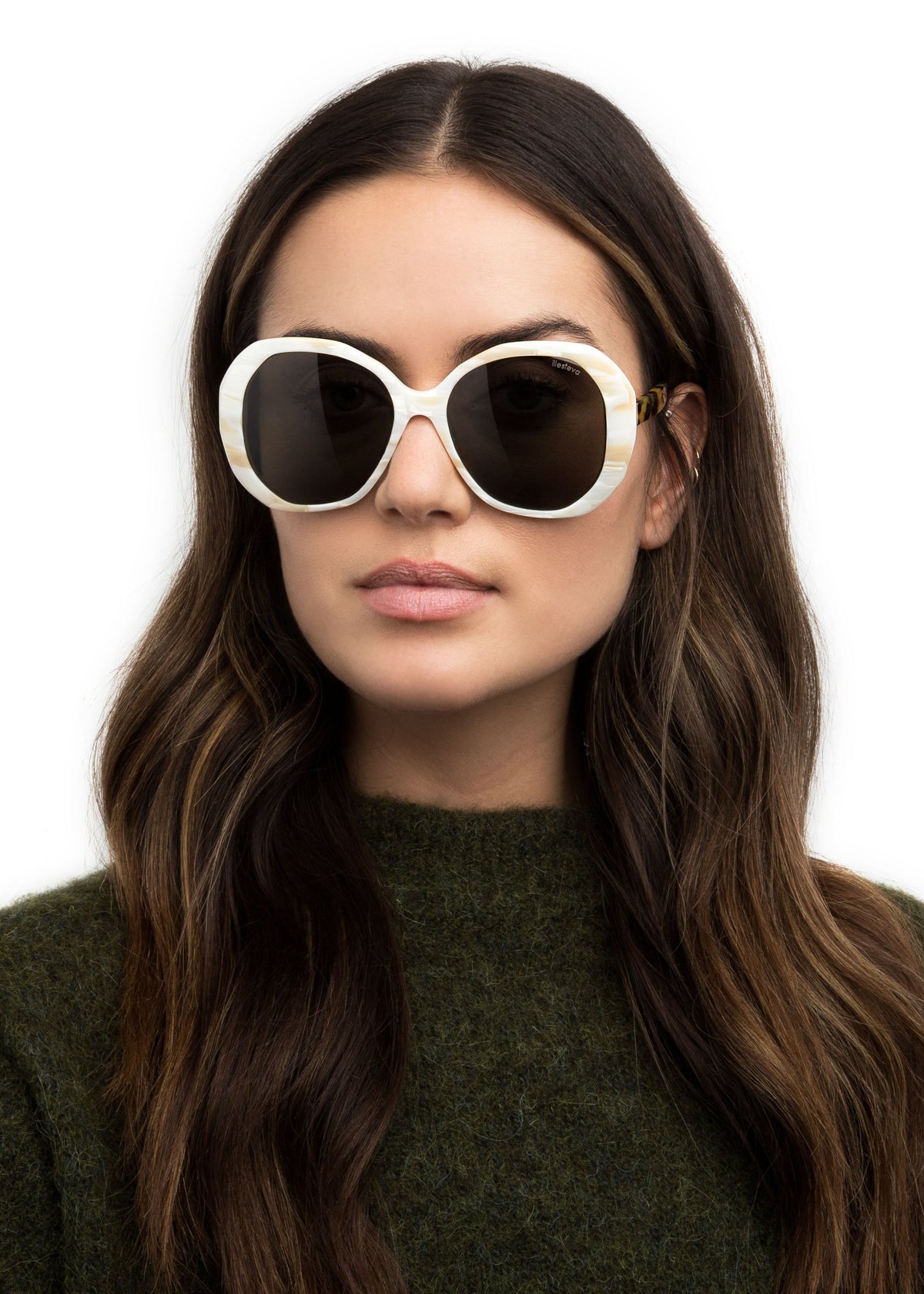 Man wearing Manuela Sunglasses in Cream Marble with Tortoise Grey lenses