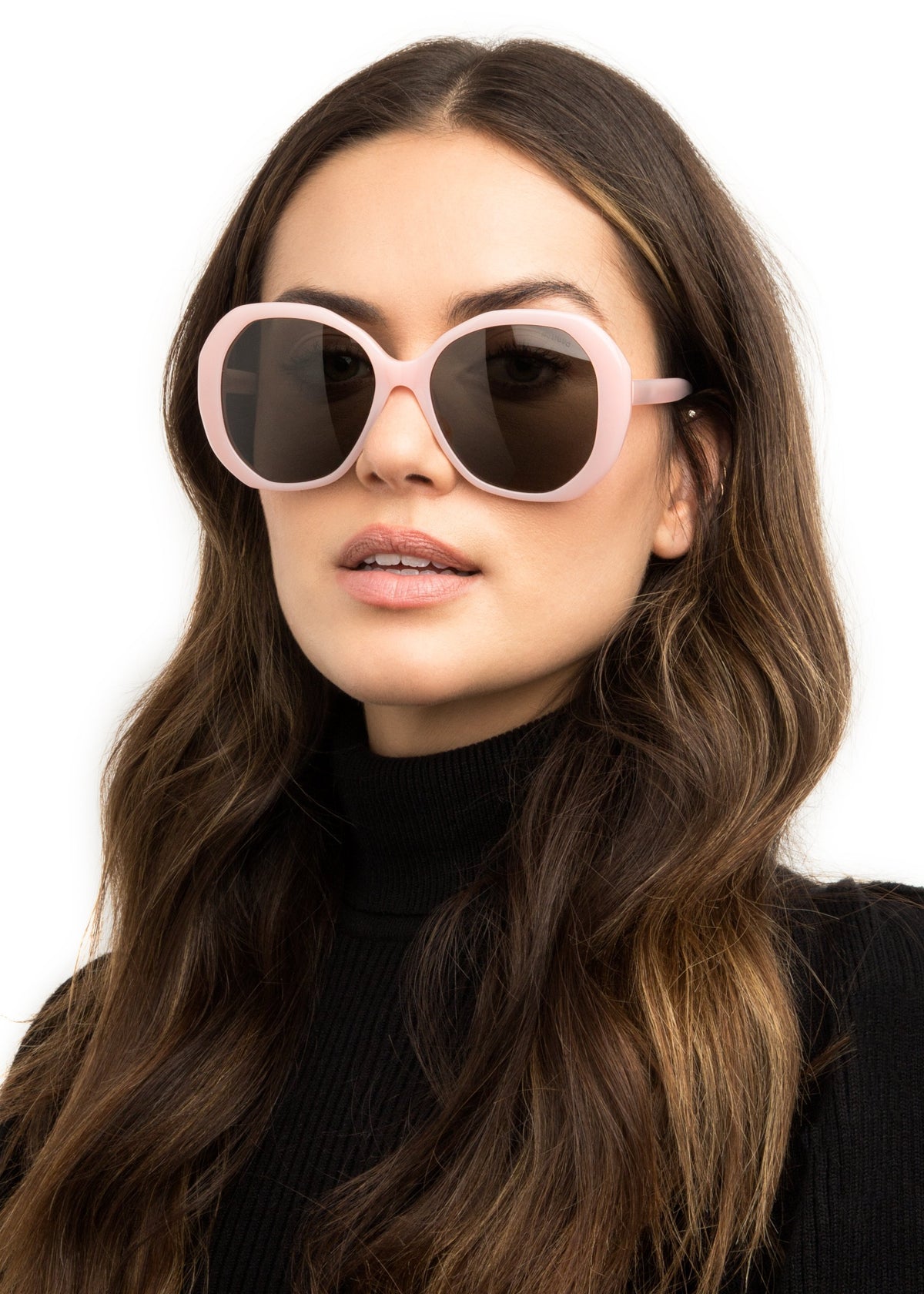 Woman wearing Manuela Sunglasses in Pale Pink Grey