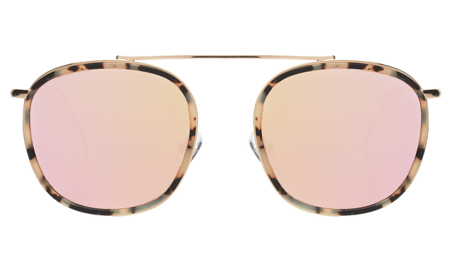 Mykonos Ace Sunglasses front view in White Tortoise/Gold with Bright Rose Flat Mirror