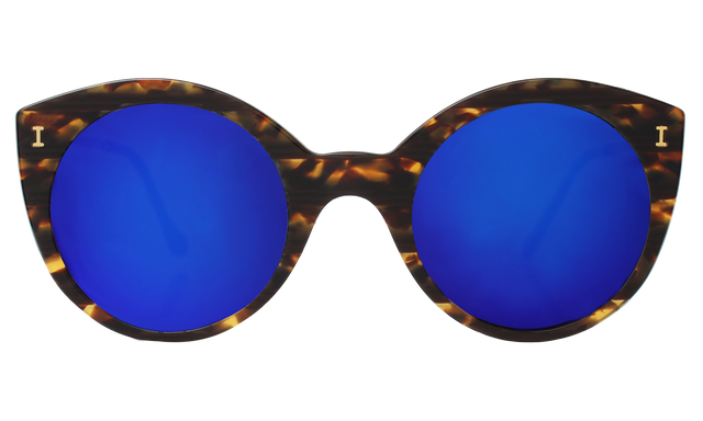 Palm Beach Sunglasses front view in Tortoise Stripes Violet Mirror