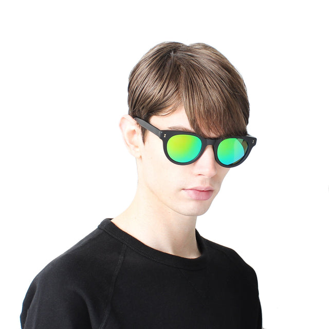 wearing Greenport Sunglasses Matte Black Green Mirror